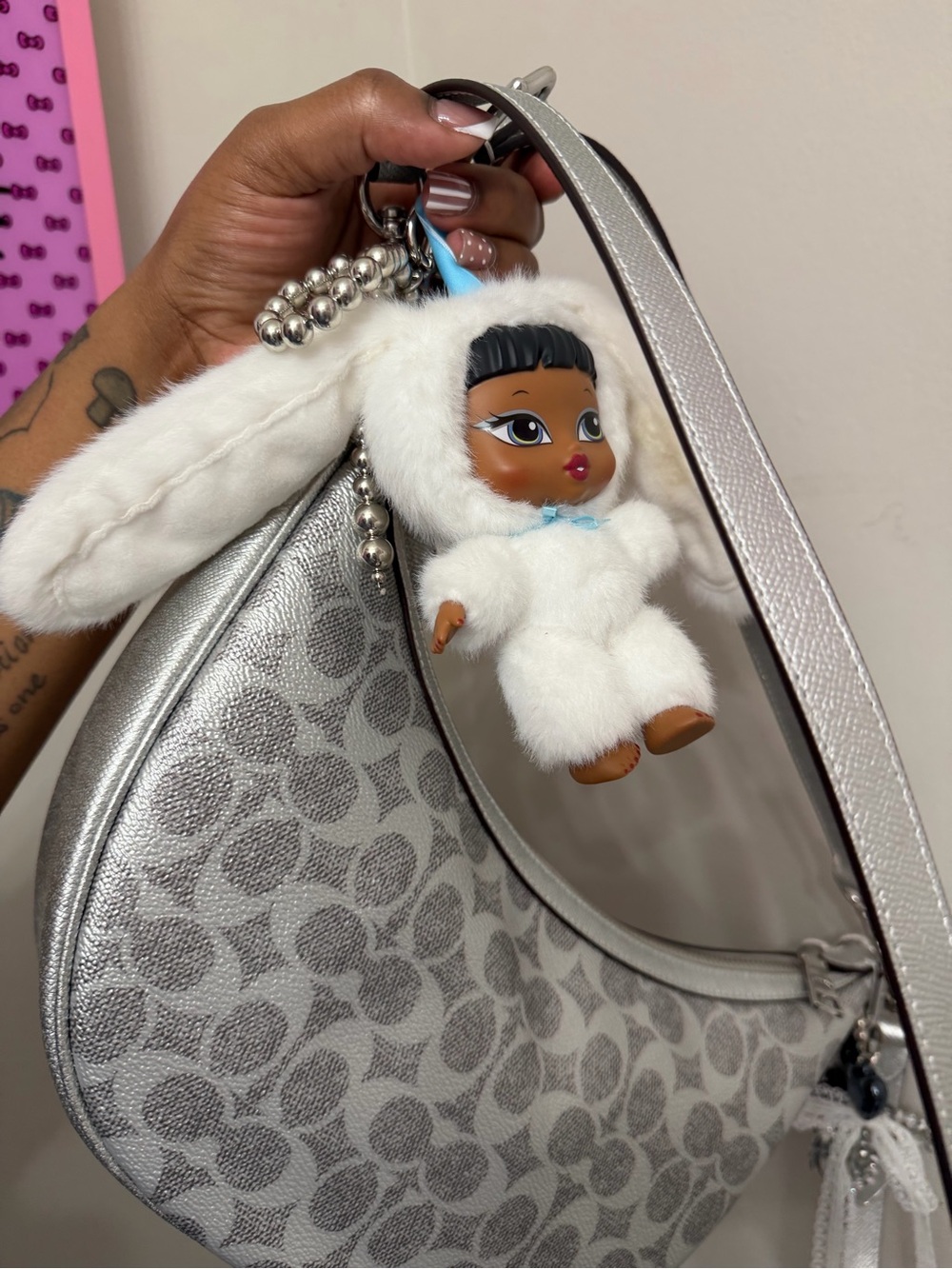 Coach Silver Signature Crescent Shoulder Bag with Plush Charm - Picture 7 of 7